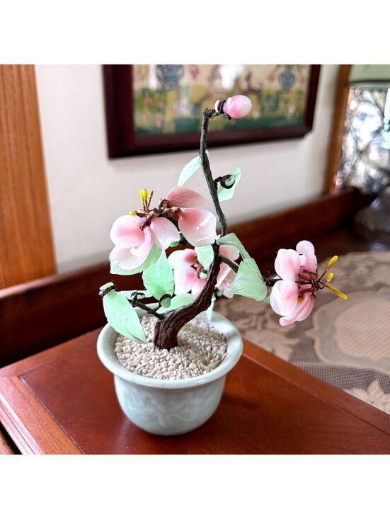 Other - Vintage Chinese Jade Glass Bonsai Tree Pink Cherry Blossom 8” Flower Celadon Pot